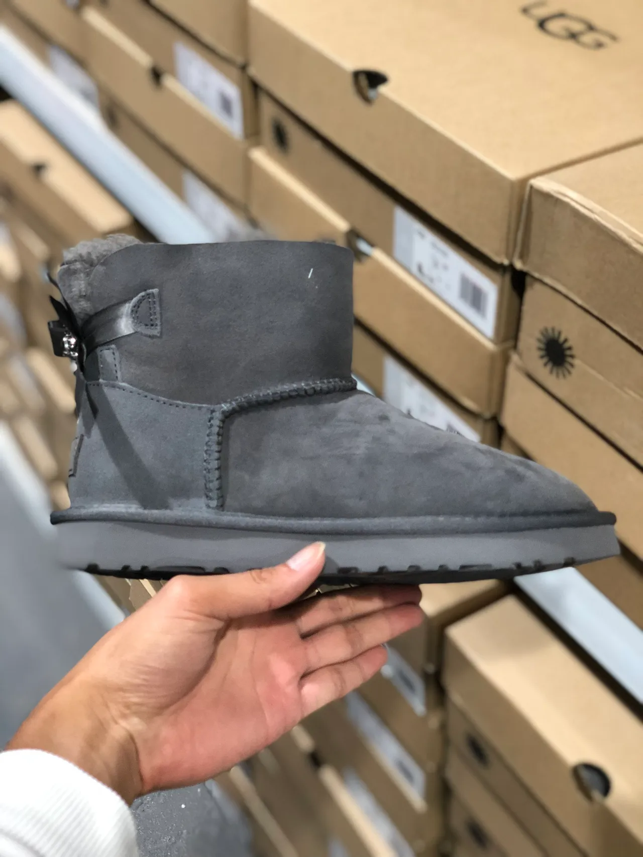 UGG Classic Mini Gray Suede Shearling-Lined Snow Boots 7