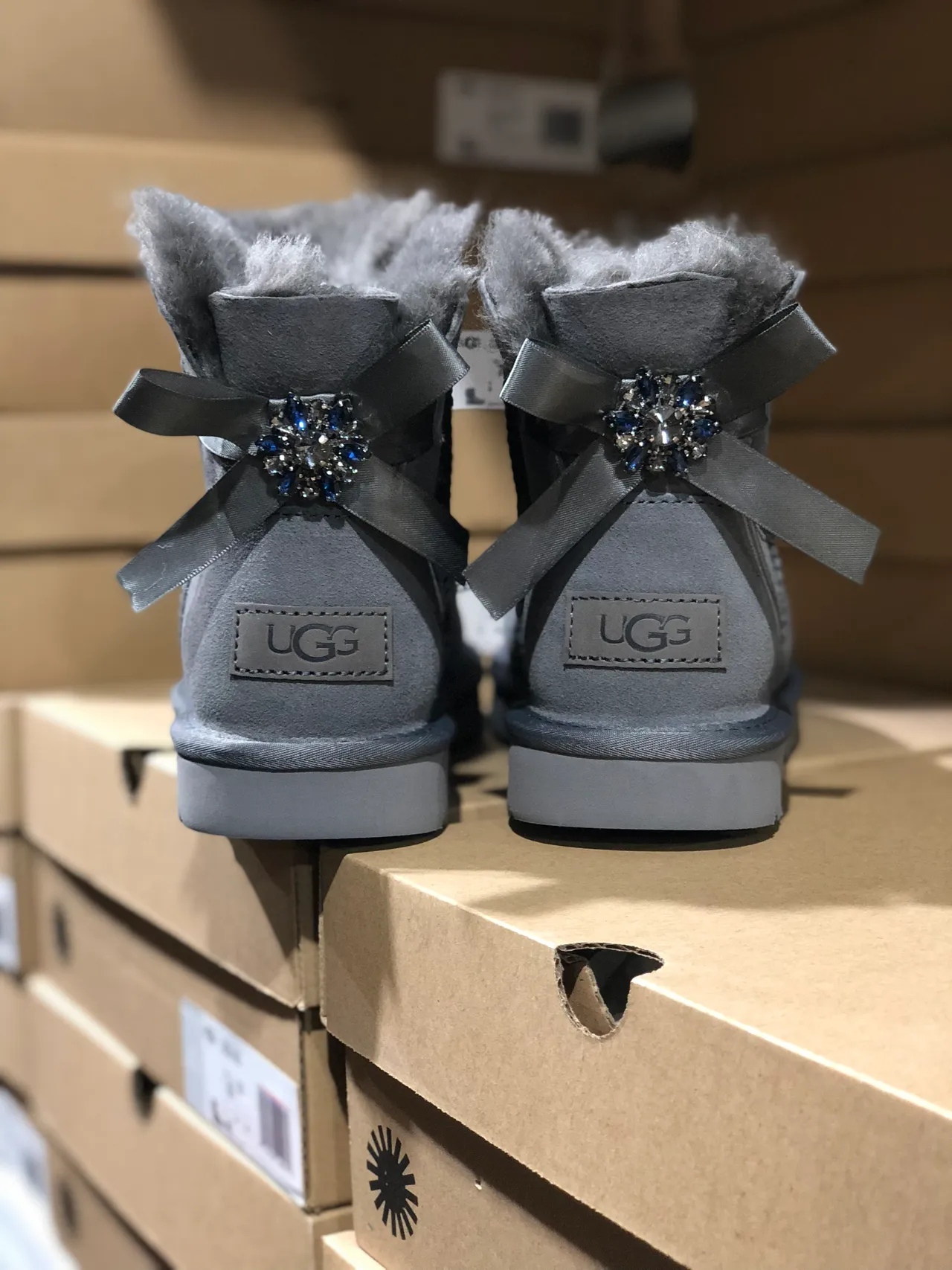 UGG Classic Mini Gray Suede Shearling-Lined Snow Boots 8
