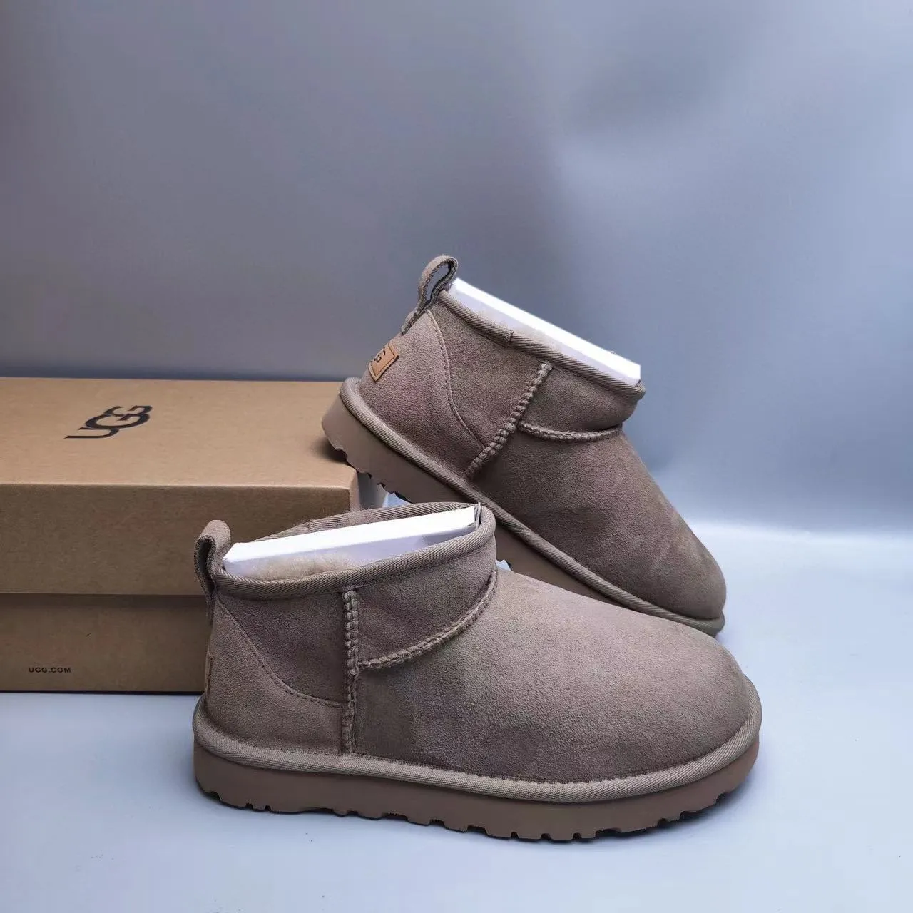 UGG Classic Mini Taupe Suede Shearling-Lined Snow Boots 5
