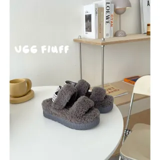 UGG Fluff رمادي مبطن جلد القطيع حزام مزدوج نعال