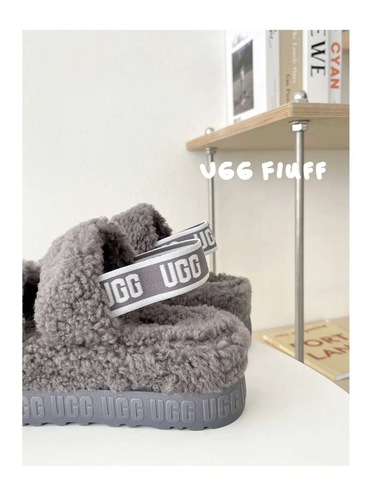 UGG Fluff Gray Fluffy Shearling Dual-Strap Slippers 4