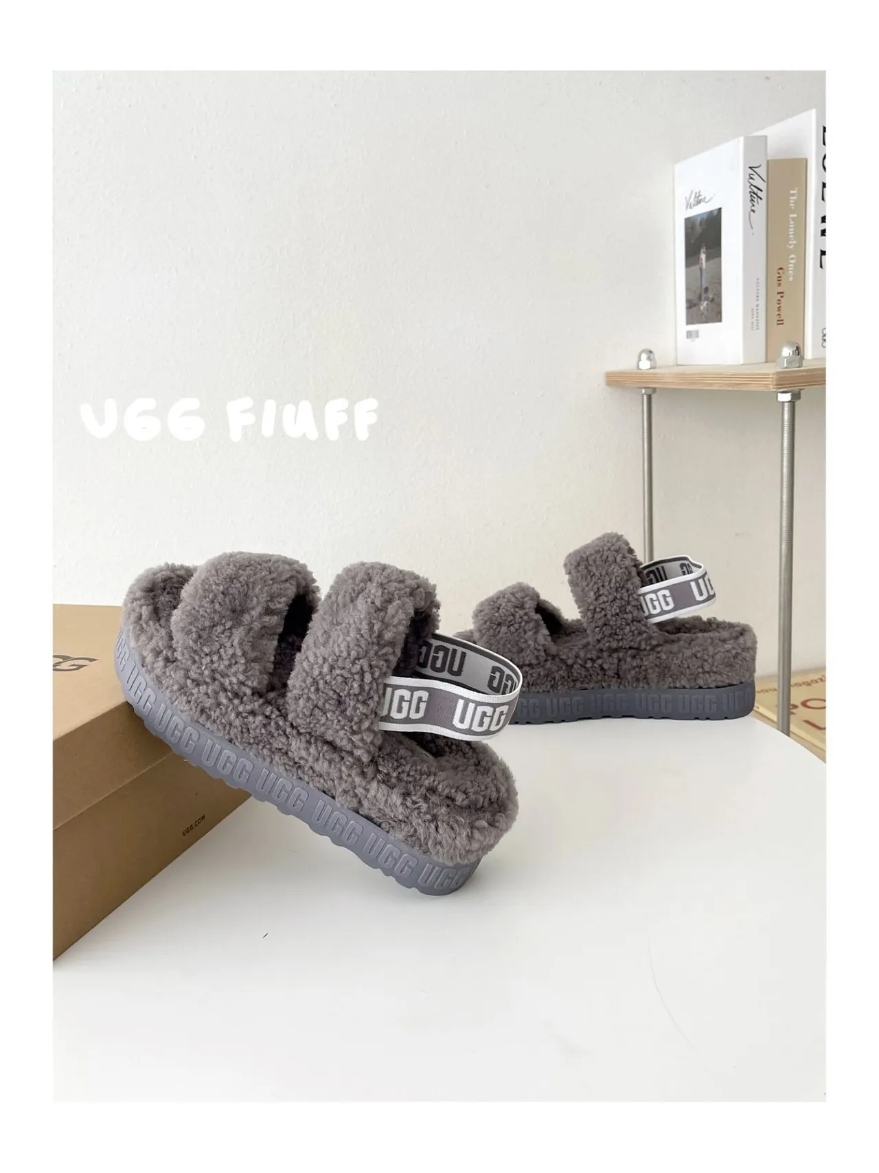 UGG Fluff Gray Fluffy Shearling Dual-Strap Slippers 5