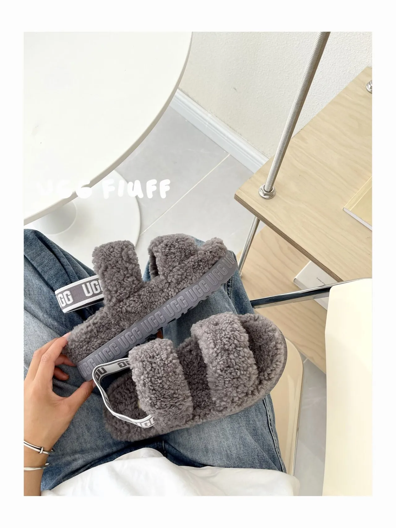 UGG Fluff Gray Fluffy Shearling Dual-Strap Slippers 6