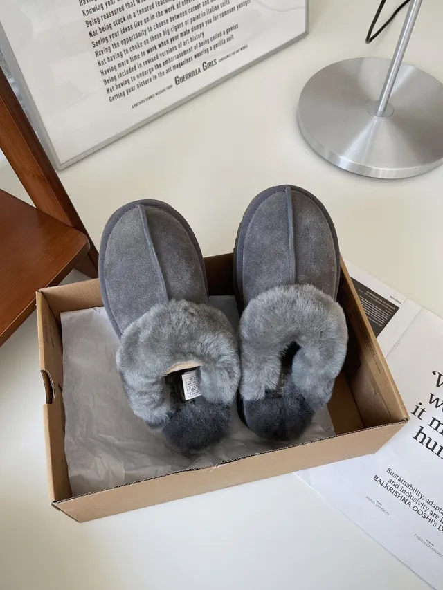 UGG Gray Platform Sole Shearling-Lined Slippers 2
