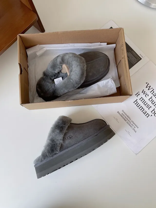 UGG Gray Platform Sole Shearling-Lined Slippers 3