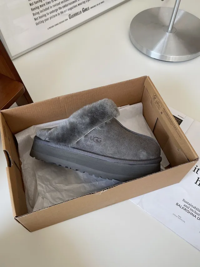 UGG Gray Platform Sole Shearling-Lined Slippers 5
