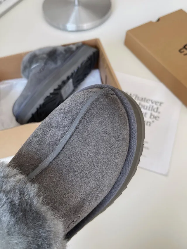 UGG Gray Platform Sole Shearling-Lined Slippers 6