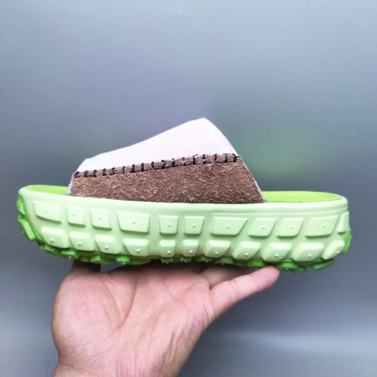 UGG Green Beige Chunky Molded Sole Shearling-Trimmed Strap Slippers 2