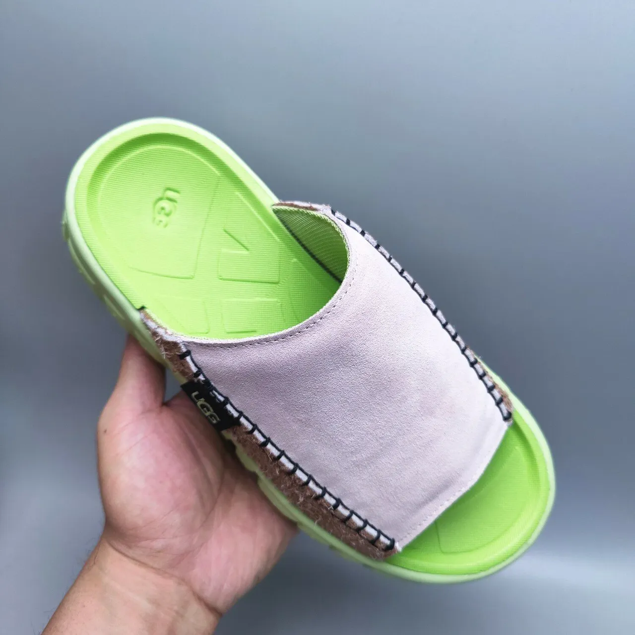 UGG Green Beige Chunky Molded Sole Shearling-Trimmed Strap Slippers 5