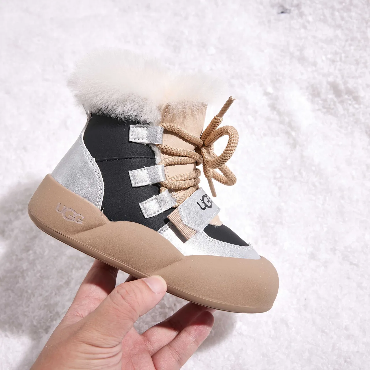 UGG Pink Beige Chunky Sole Shearling Collar Snow Boots 9