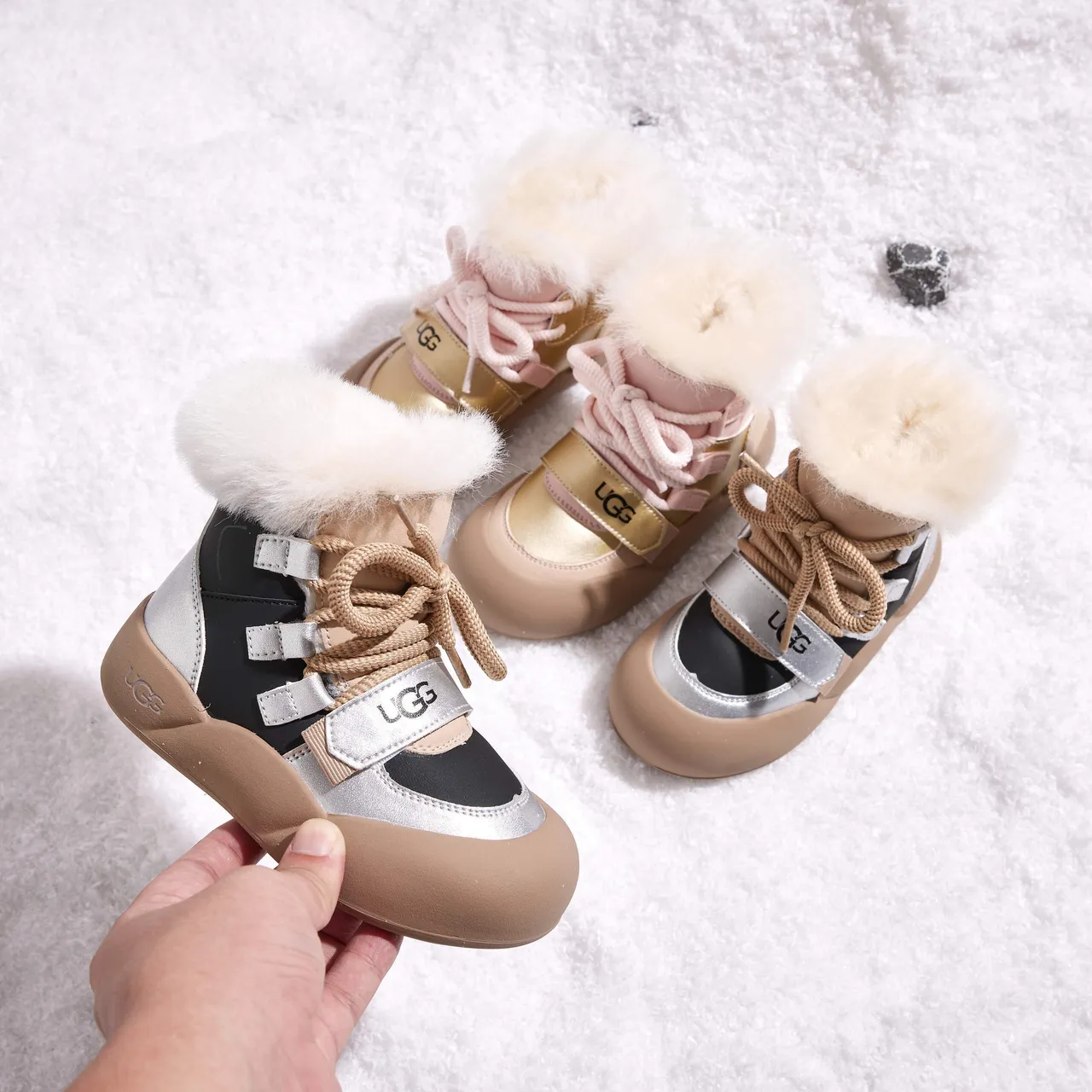 UGG Pink Beige Chunky Sole Shearling Collar Snow Boots 10