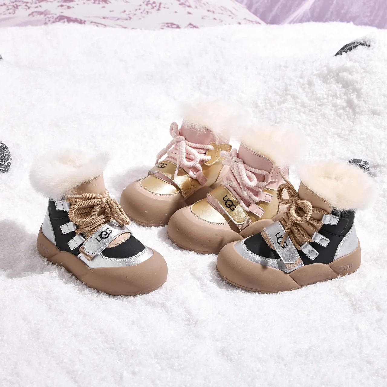 UGG Pink Beige Chunky Sole Shearling Collar Snow Boots 11