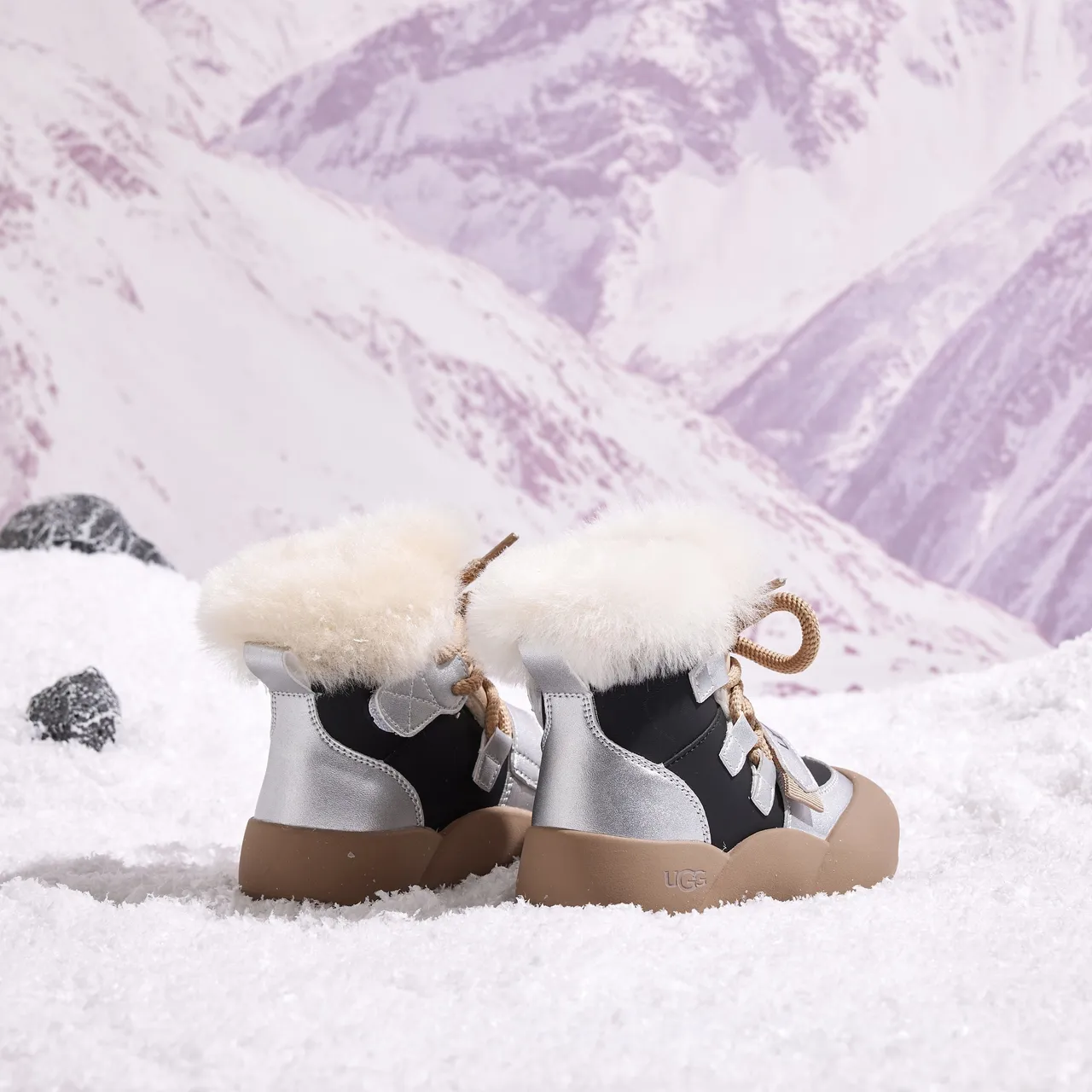 UGG Pink Beige Chunky Sole Shearling Collar Snow Boots 12