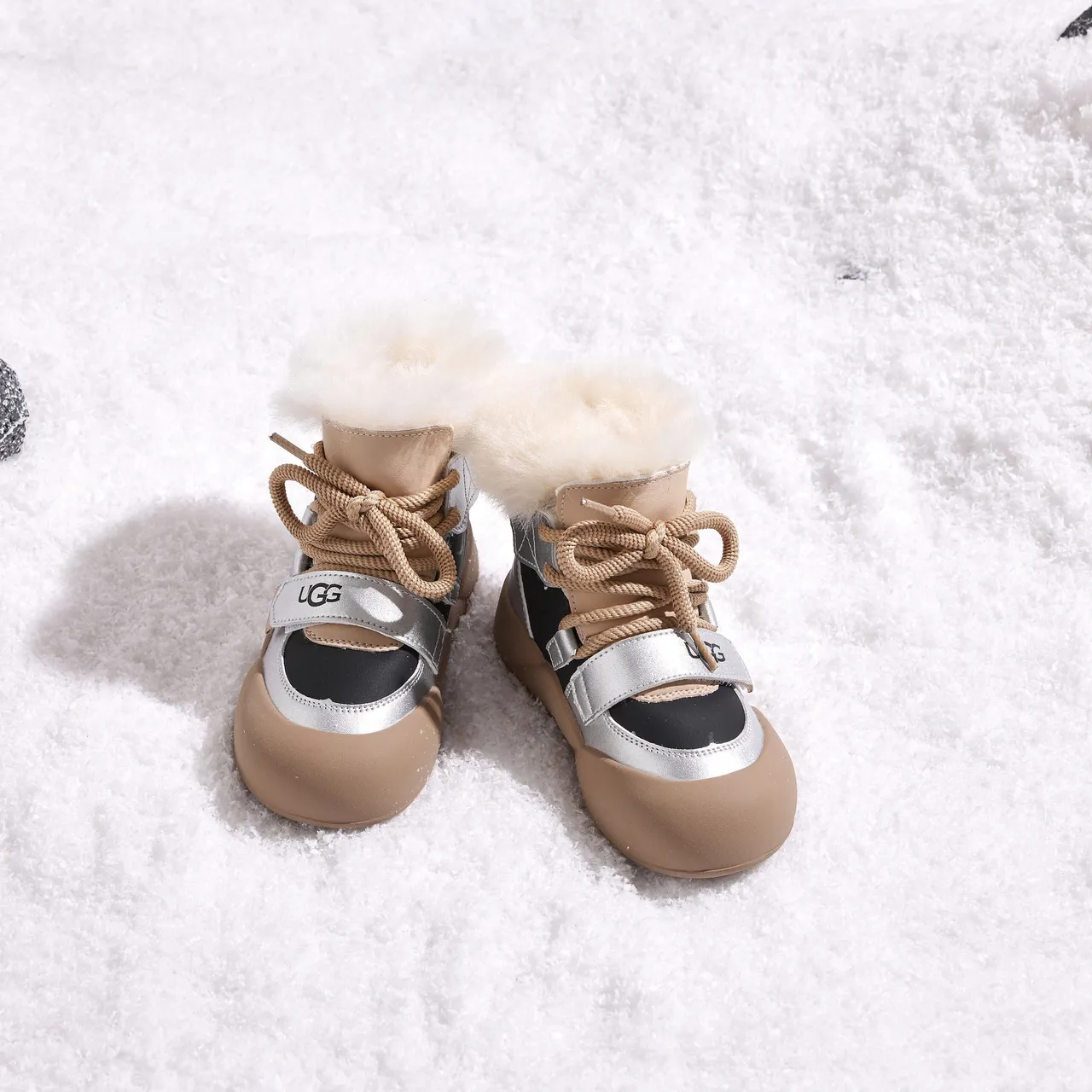 UGG Pink Beige Chunky Sole Shearling Collar Snow Boots 15