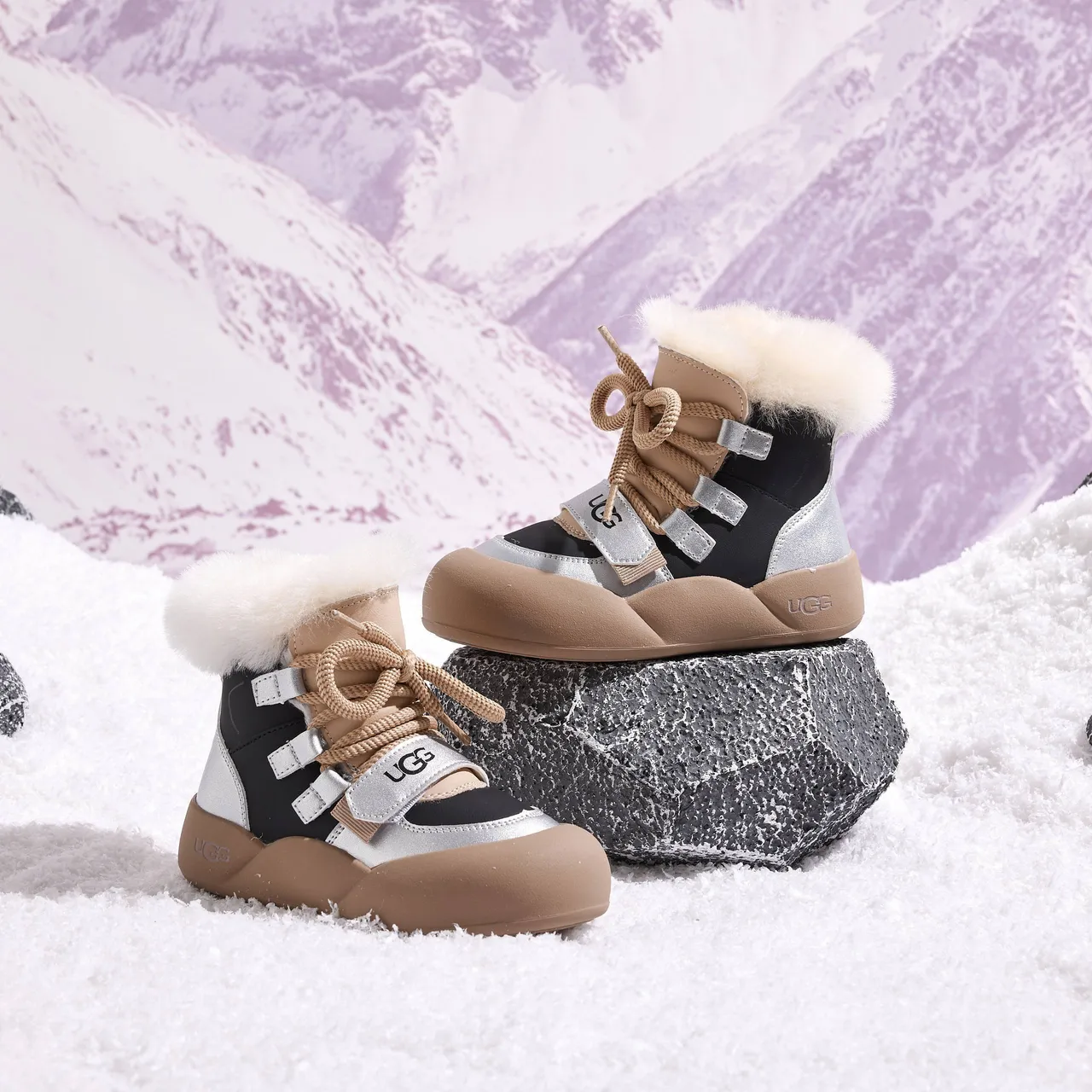 UGG Pink Beige Chunky Sole Shearling Collar Snow Boots 16