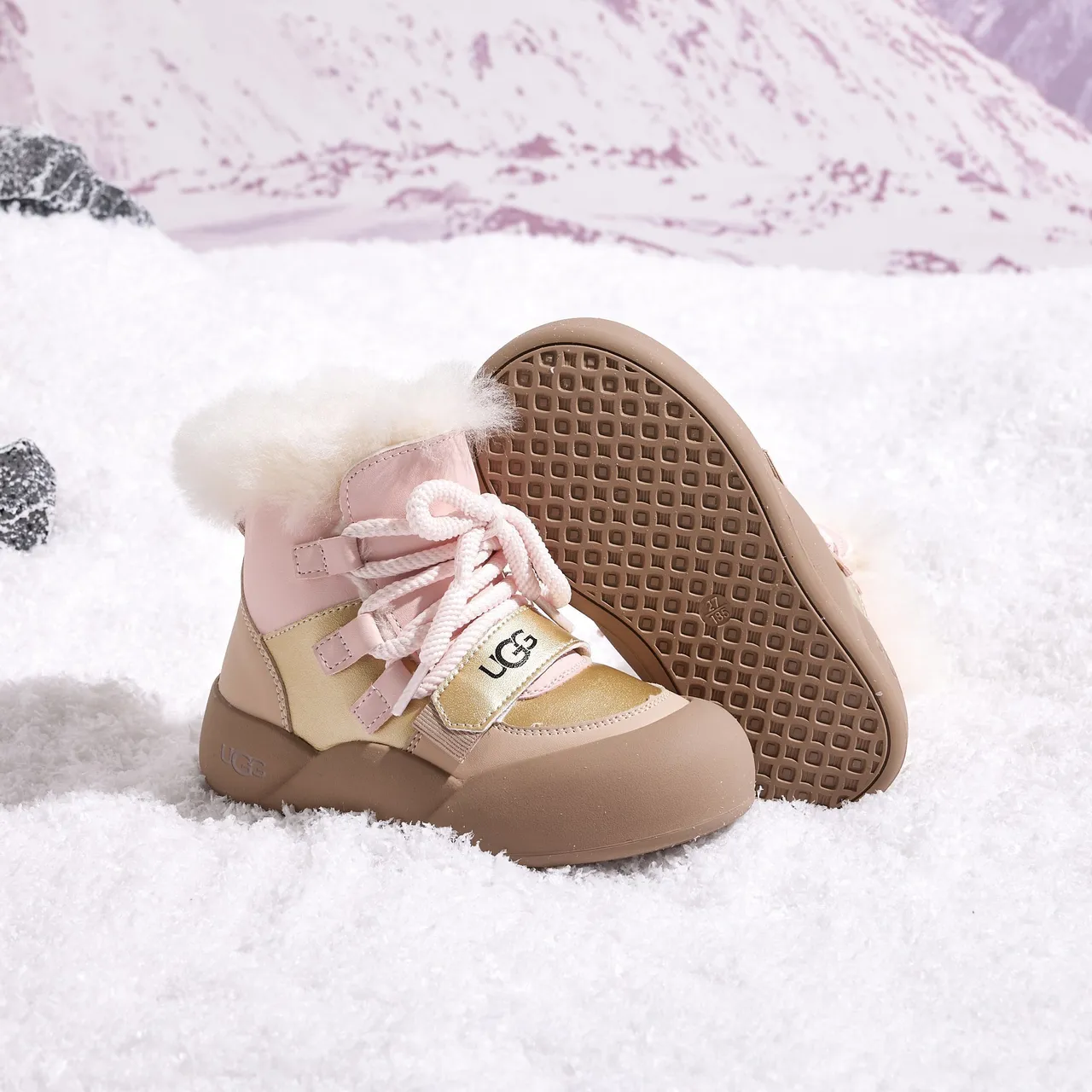 UGG Pink Beige Chunky Sole Shearling Collar Snow Boots 18
