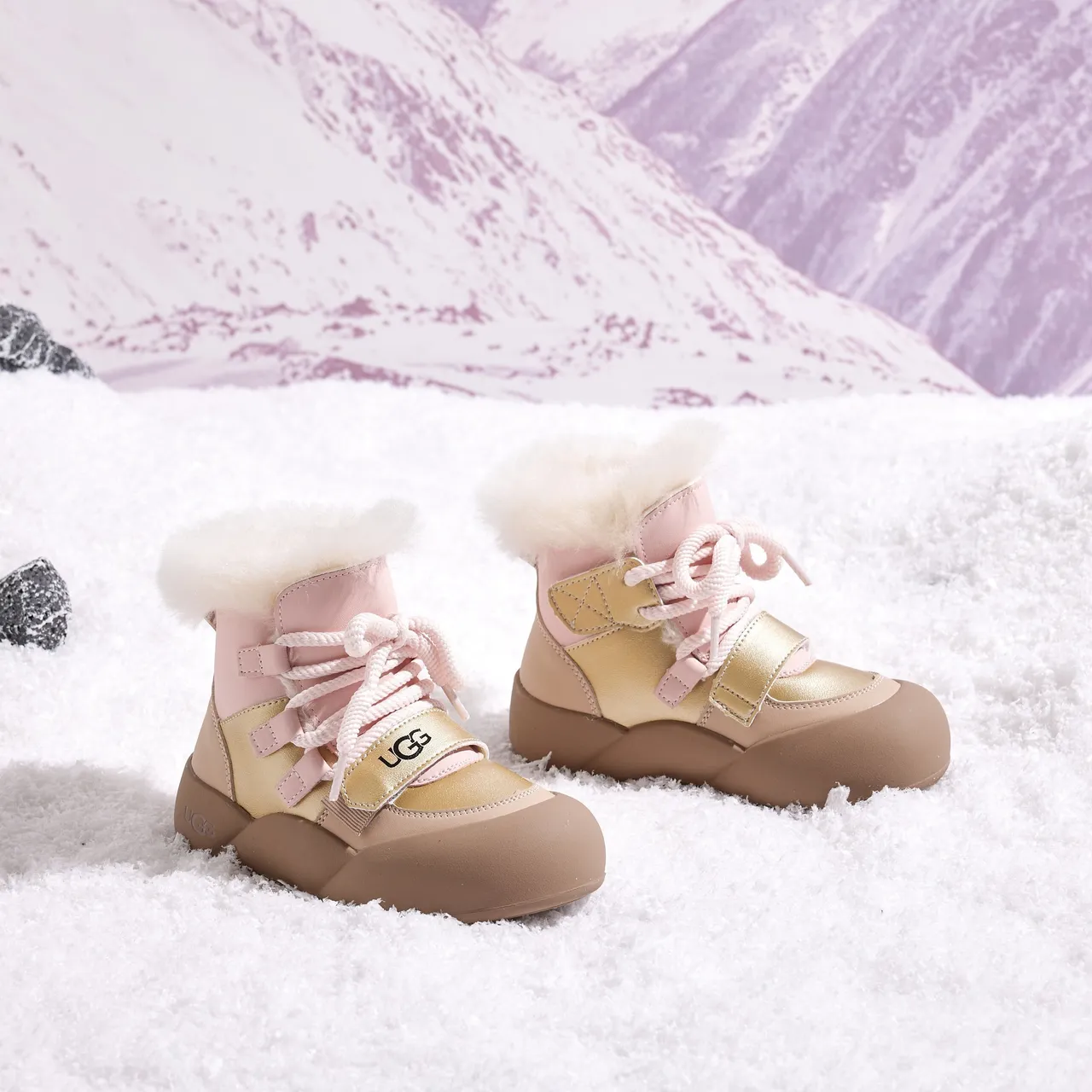 UGG Pink Beige Chunky Sole Shearling Collar Snow Boots 19
