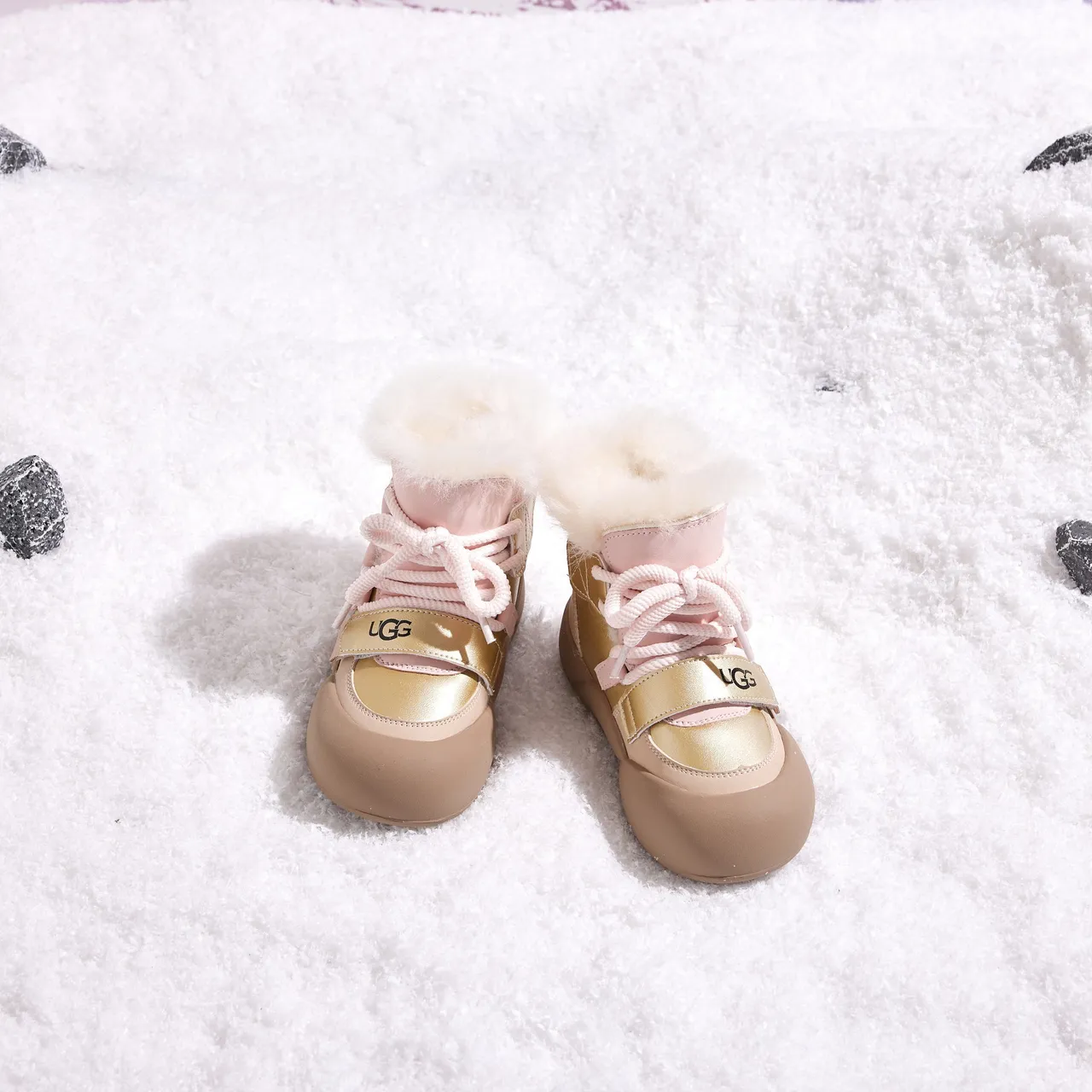 UGG Pink Beige Chunky Sole Shearling Collar Snow Boots 20