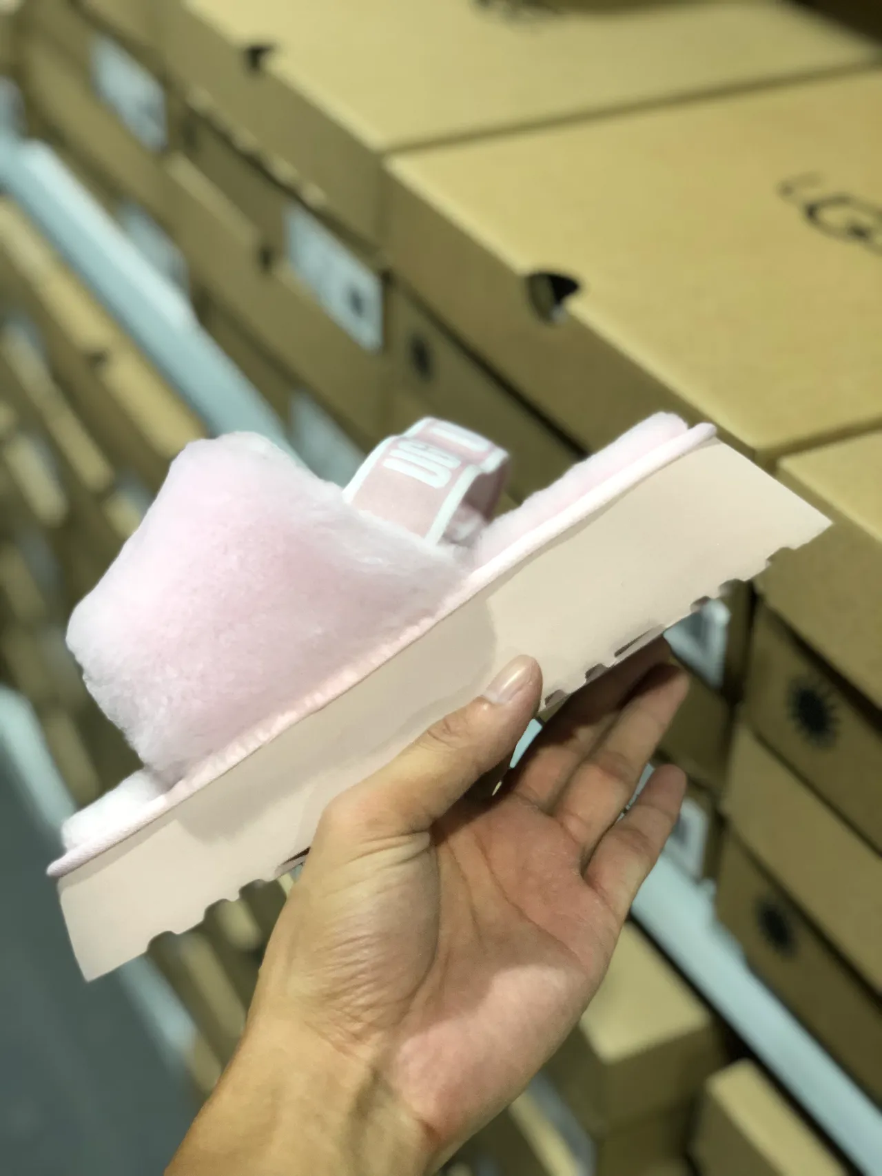 UGG Pink Beige Fluffy Shearling Upper Thick Platform Sole Slippers 4