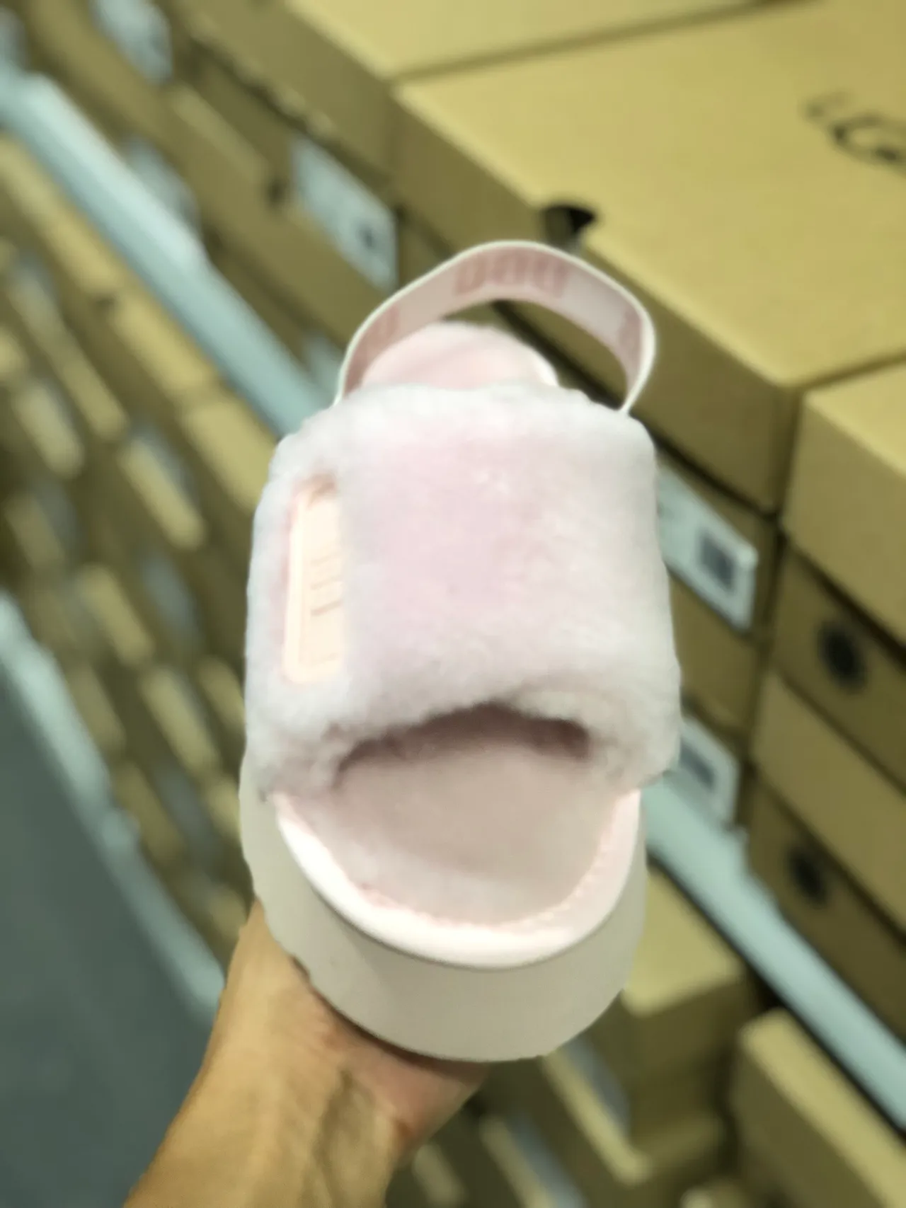 UGG Pink Beige Fluffy Shearling Upper Thick Platform Sole Slippers 5