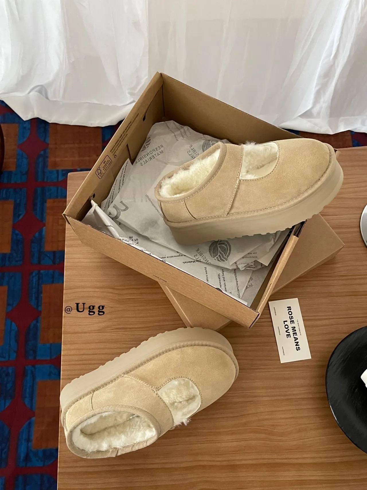 UGG Tasman Beige Suede Shearling-Lined Mary Jane Shoes 6