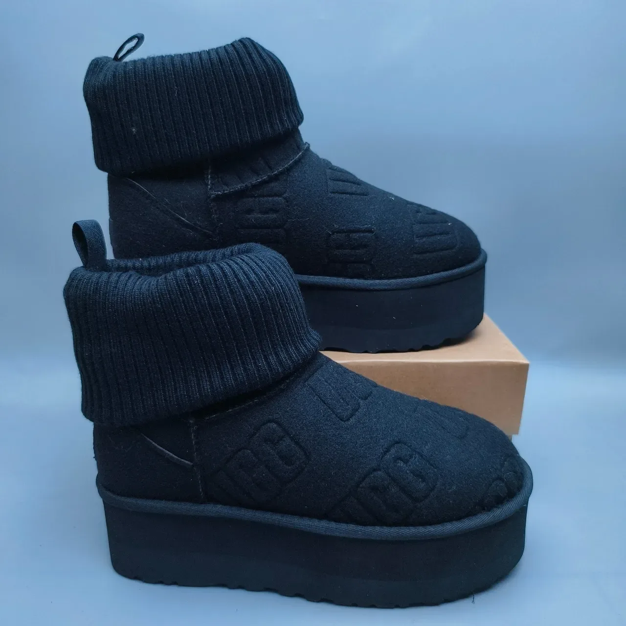 UGG Tasman কালো প্ল্যাটফর্ম সোল রিবড নিট কাফ স্নো বুট 5