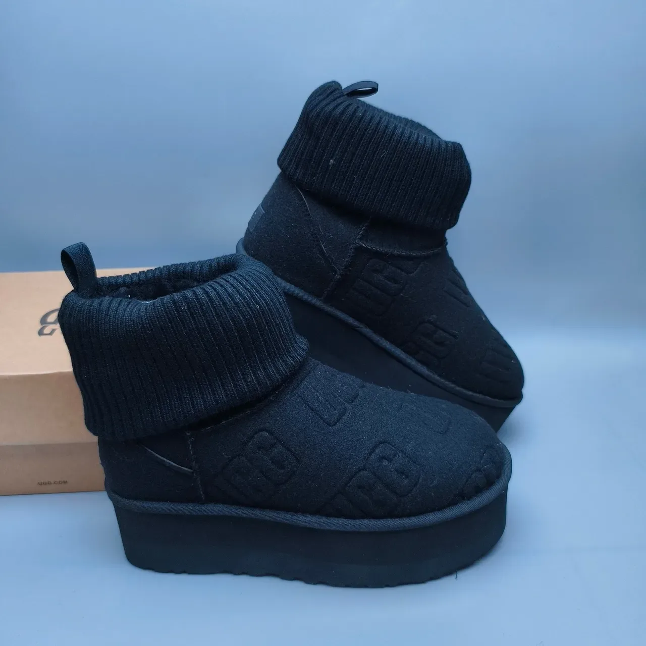 UGG Tasman কালো প্ল্যাটফর্ম সোল রিবড নিট কাফ স্নো বুট 6