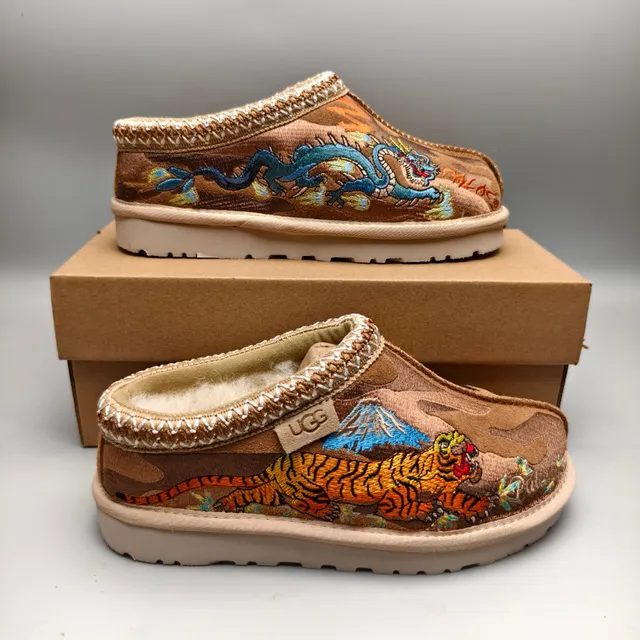 UGG Tasman বাদামী খয়েরি সেলাই করা বাঘের মোটিফ বোনা বুনন কিনারা ক্যাজুয়াল জুতা 5