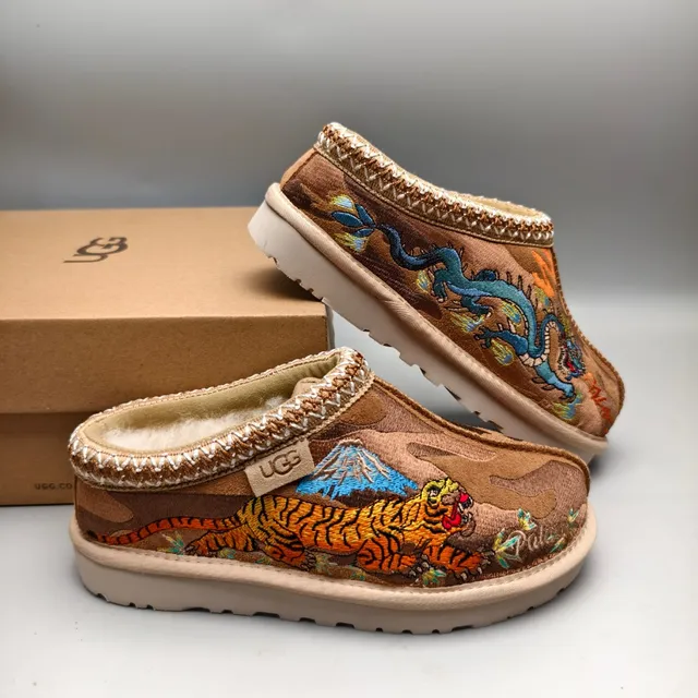 UGG Tasman বাদামী খয়েরি সেলাই করা বাঘের মোটিফ বোনা বুনন কিনারা ক্যাজুয়াল জুতা 6