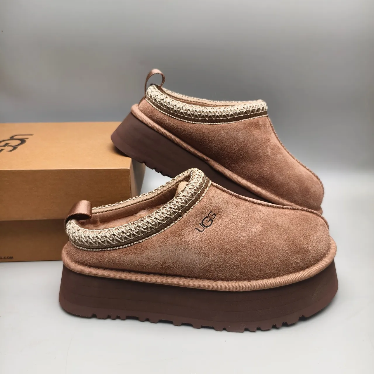 UGG Tasman Brown Beige Platform Sole Woven Knit Trim أحذية كاجوال 6
