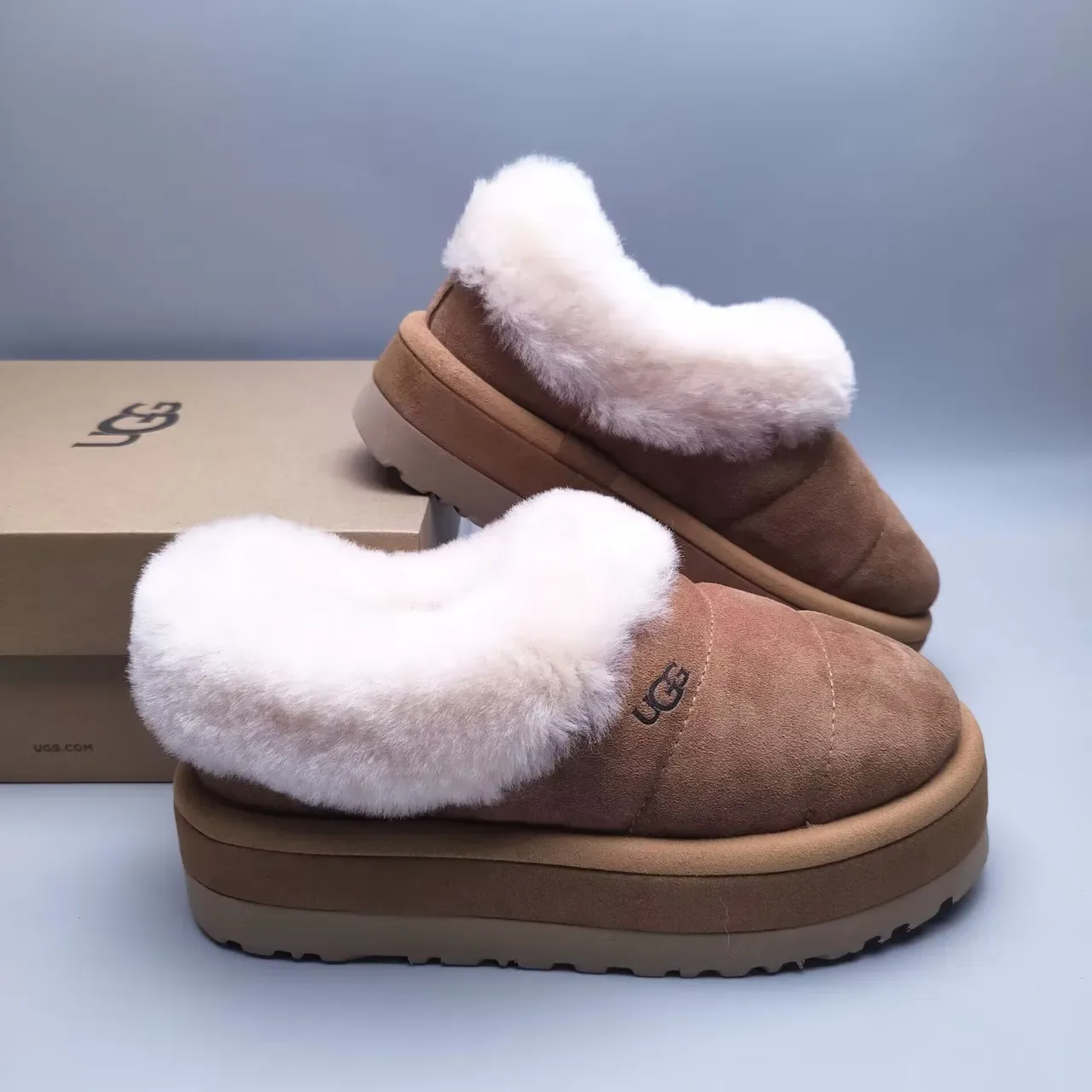 UGG Tasman Brown White Platform Sole Shearling Collar Casual Shoes 6