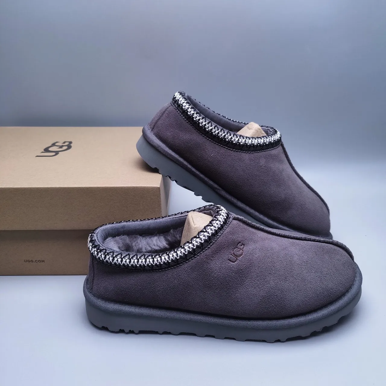 UGG Tasman Gris Noir Daim Supérieur Tricoté Tressé Col Chaussures Casuales 6