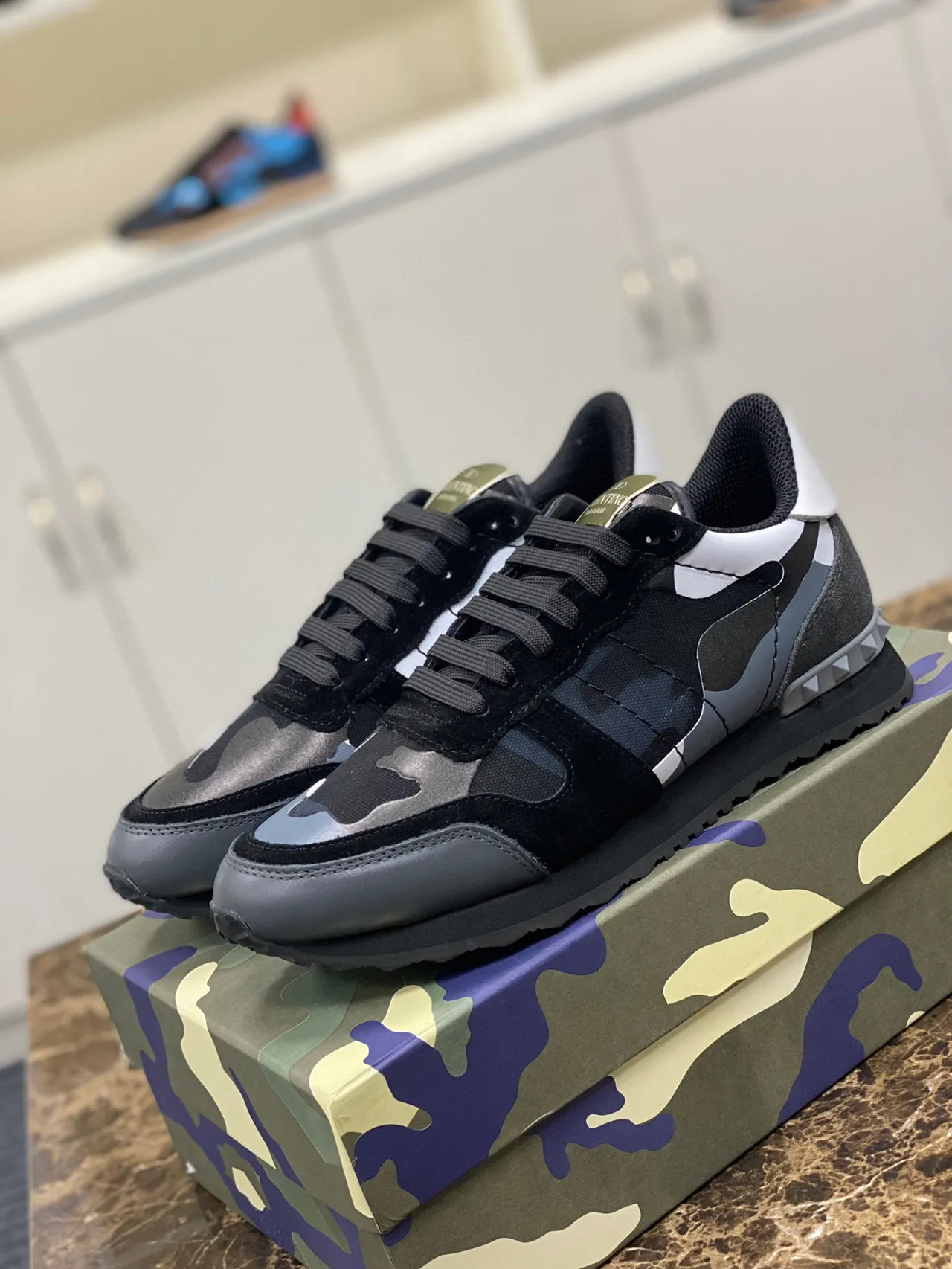 Valentino Noir Multicolore Camouflage Panneaux Daim et Textile Mix Lifestyle Sneakers 1