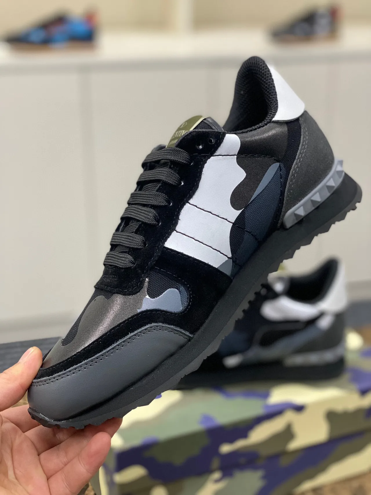 Valentino Noir Multicolore Camouflage Panneaux Daim et Textile Mix Lifestyle Sneakers 2