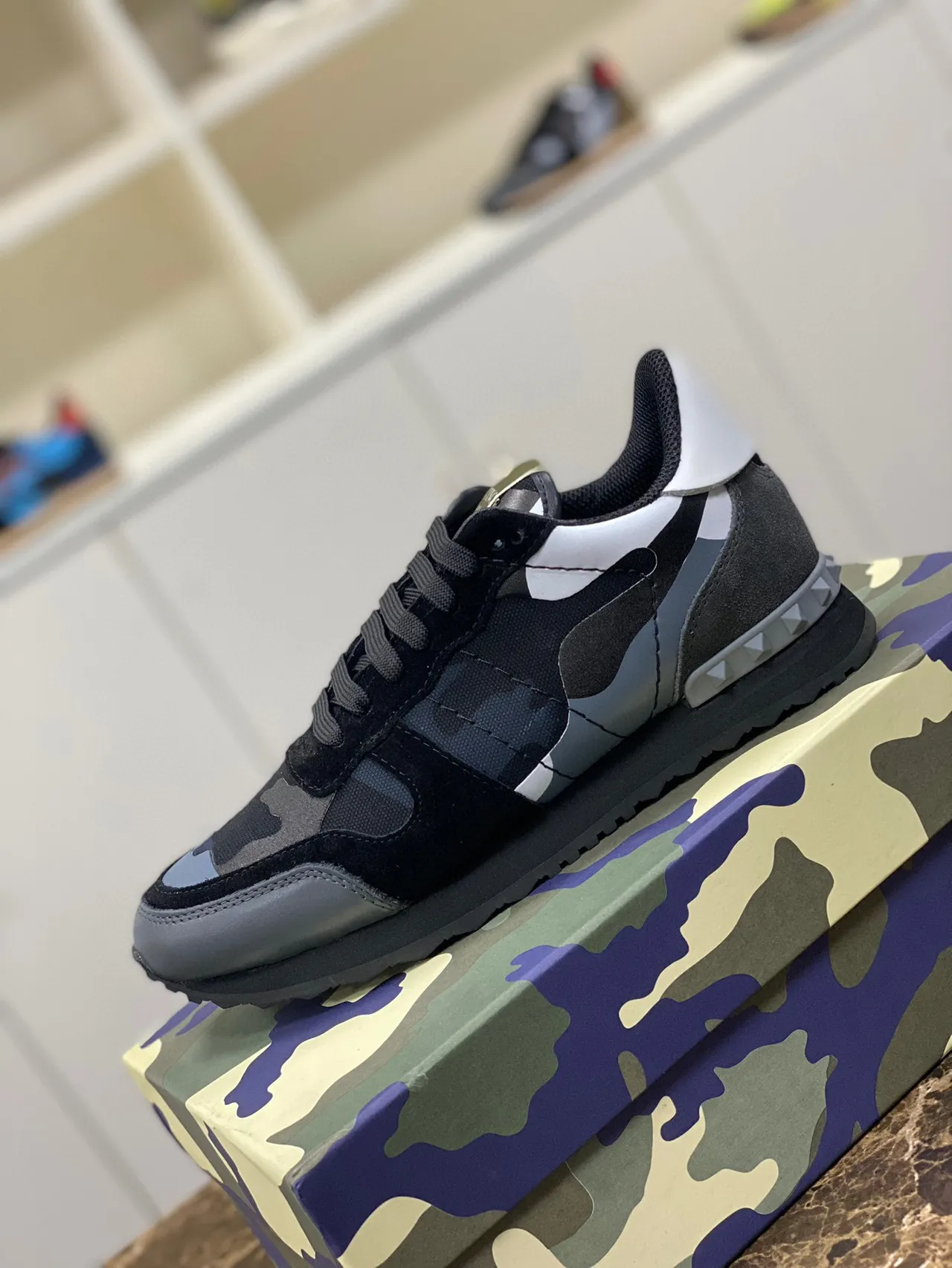 Valentino Noir Multicolore Camouflage Panneaux Daim et Textile Mix Lifestyle Sneakers 5