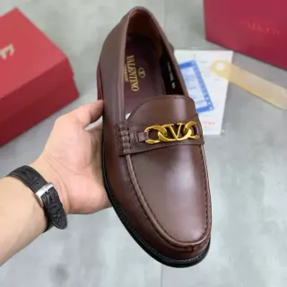 Valentino Brown Gold Leather VLogo Buckle Loafer