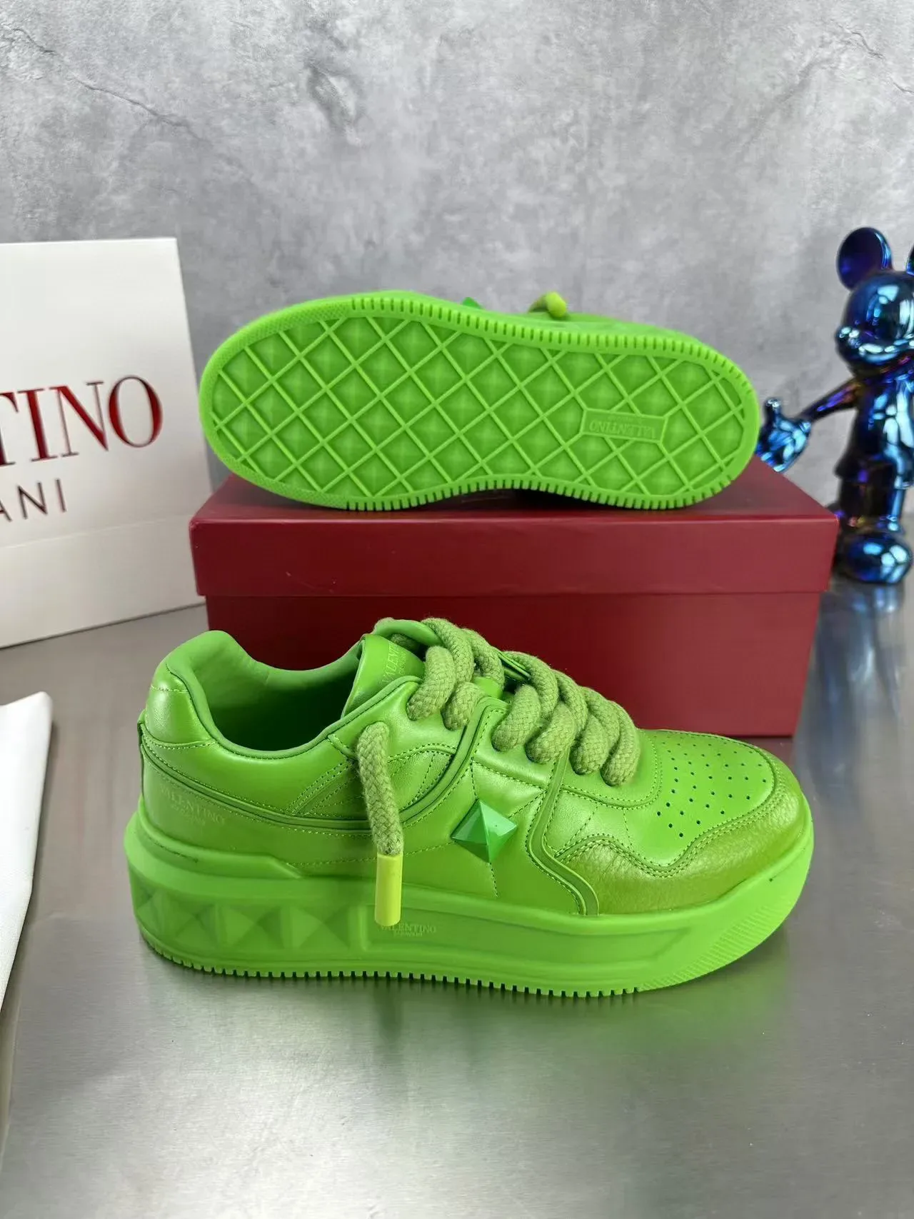 Valentino أخضر جلد مثقوب كعب منصة نمط حياة حذاء رياضي 6