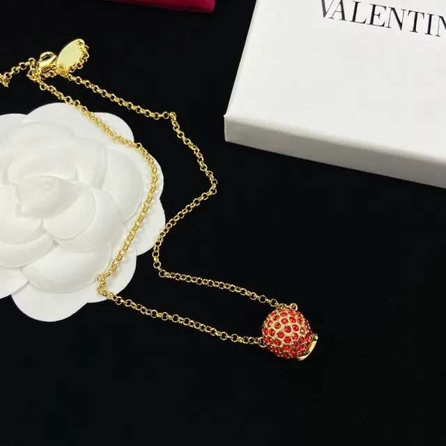 Valentino Red Gold Chain Spherical Pavé Pendant Necklace 3