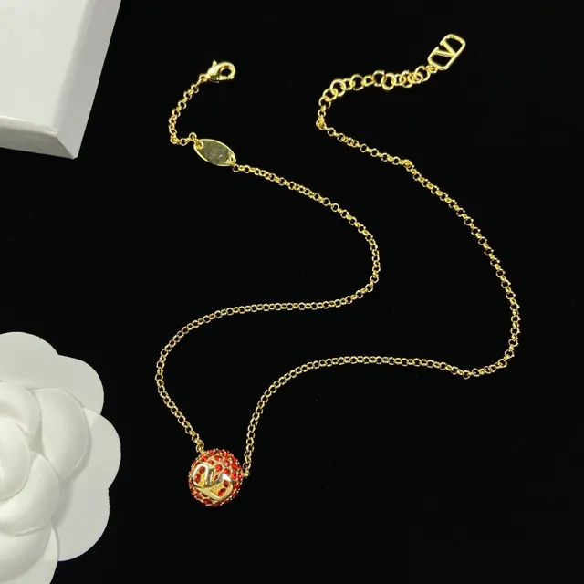Valentino Red Gold Chain Spherical Pavé Pendant Necklace 4