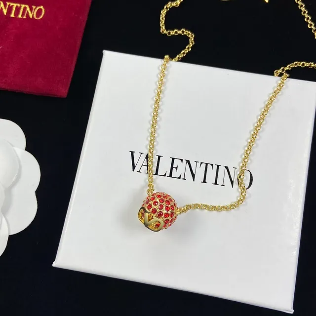 Valentino Red Gold Chain Spherical Pavé Pendant Necklace 5