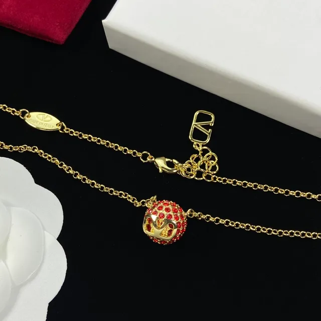 Valentino Red Gold Chain Spherical Pavé Pendant Necklace 6
