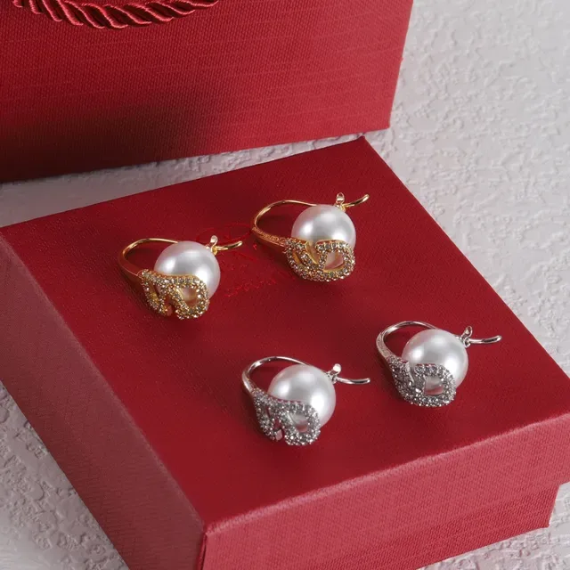 Valentino Silver White Pearl Drop Pavé Crystal Earrings 2