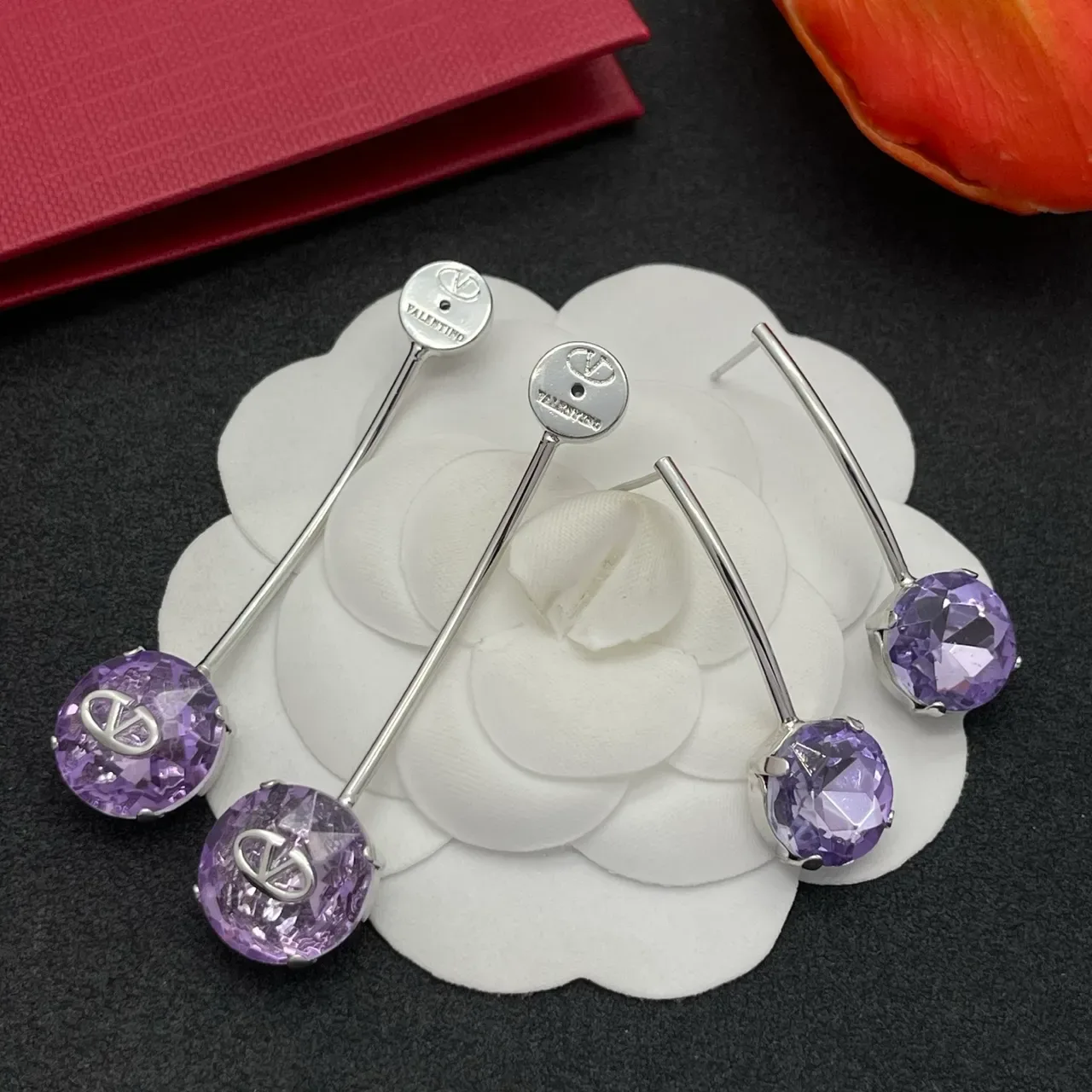 Valentino VLogo Brincos de Gota Roxo Dupla Pedra 5