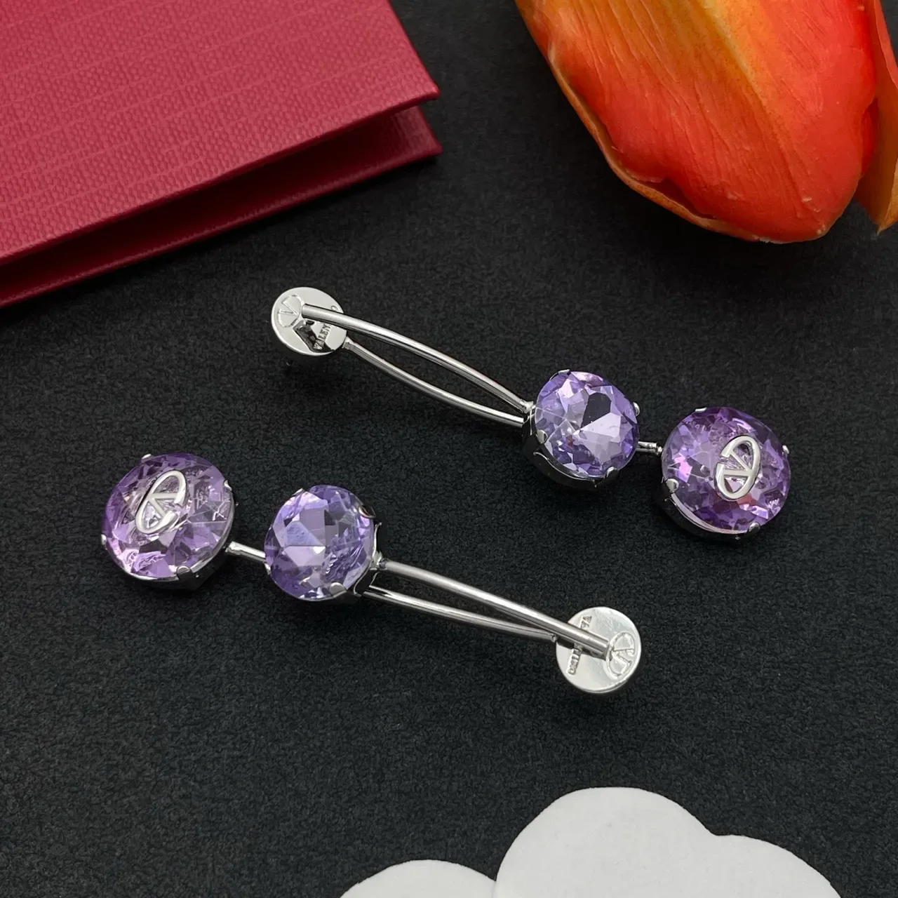 Valentino VLogo Brincos de Gota Roxo Dupla Pedra 6