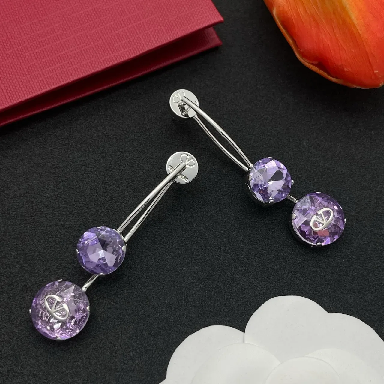 Valentino VLogo Brincos de Gota Roxo Dupla Pedra 7
