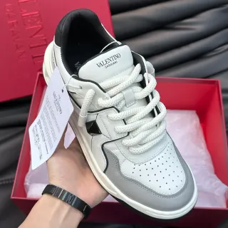 Valentino White Gray Leather Low-Top Perforated Toe Lifestyle Sneakers
