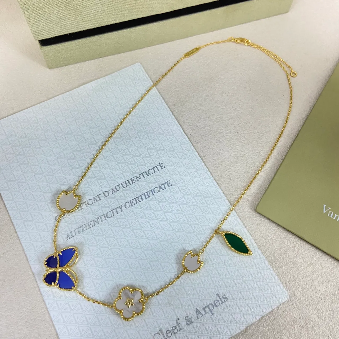Van Cleef & Arpels Alhambra Gold Blue Chain Enamel And Mother-of-Pearl Inlays Necklace 2