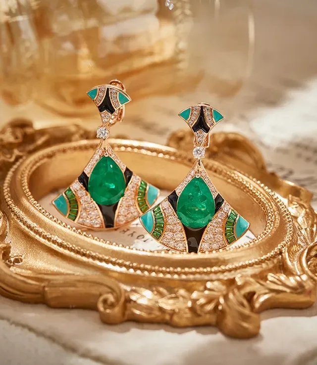 Van Cleef & Arpels Boucles d'oreilles éventail émeraude turquoise émail noir diamants 4