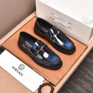 Versace Noir Bleu Cuir de Patente Haut Brillant Dégradé Iridescent Loafer