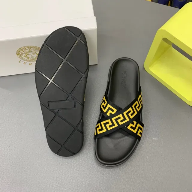 Versace Black Yellow Flat Sole Double-Crossing Greca Strap Slippers 2